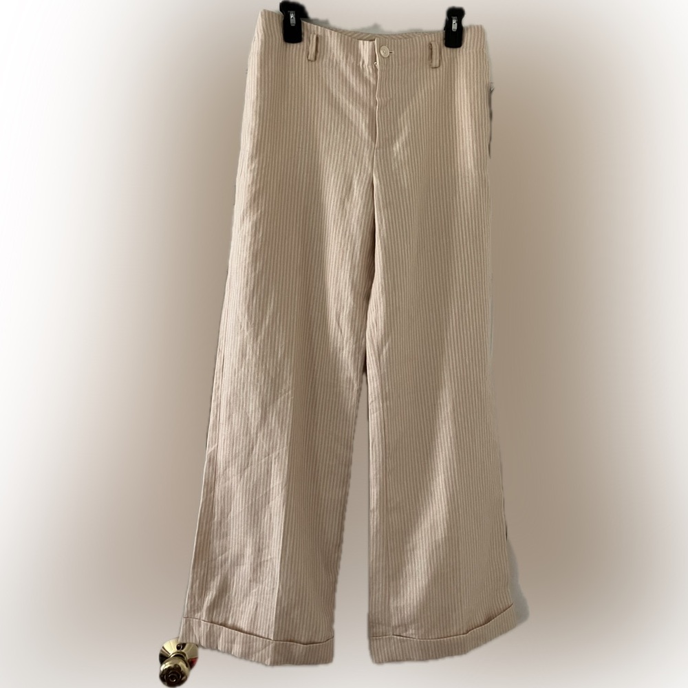 Ralph Lauren Linen Wide Leg Pink/Cream Striped Cuffed Trousers
